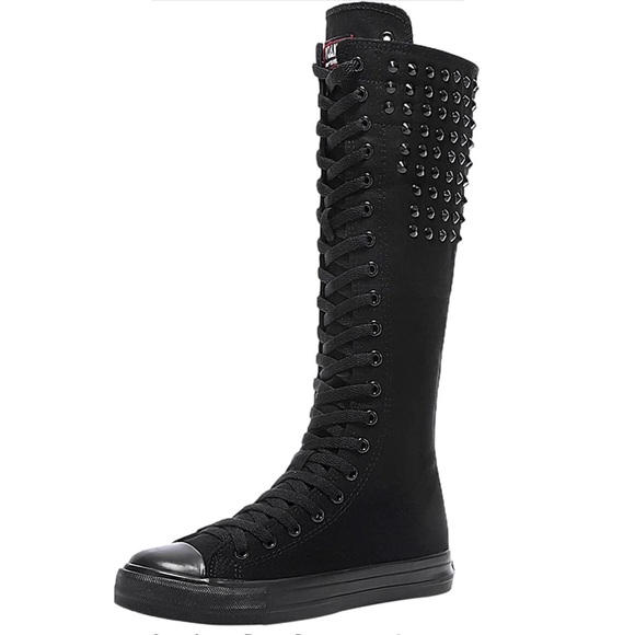 Shoes - SOLD Black Studded Mid-Calf Canvas Boots with Zipper